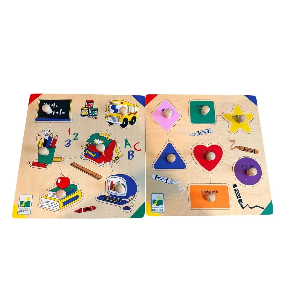 The Learning Journey Wooden Peg Puzzle Set of 6 with Blue Metal Storage Rack